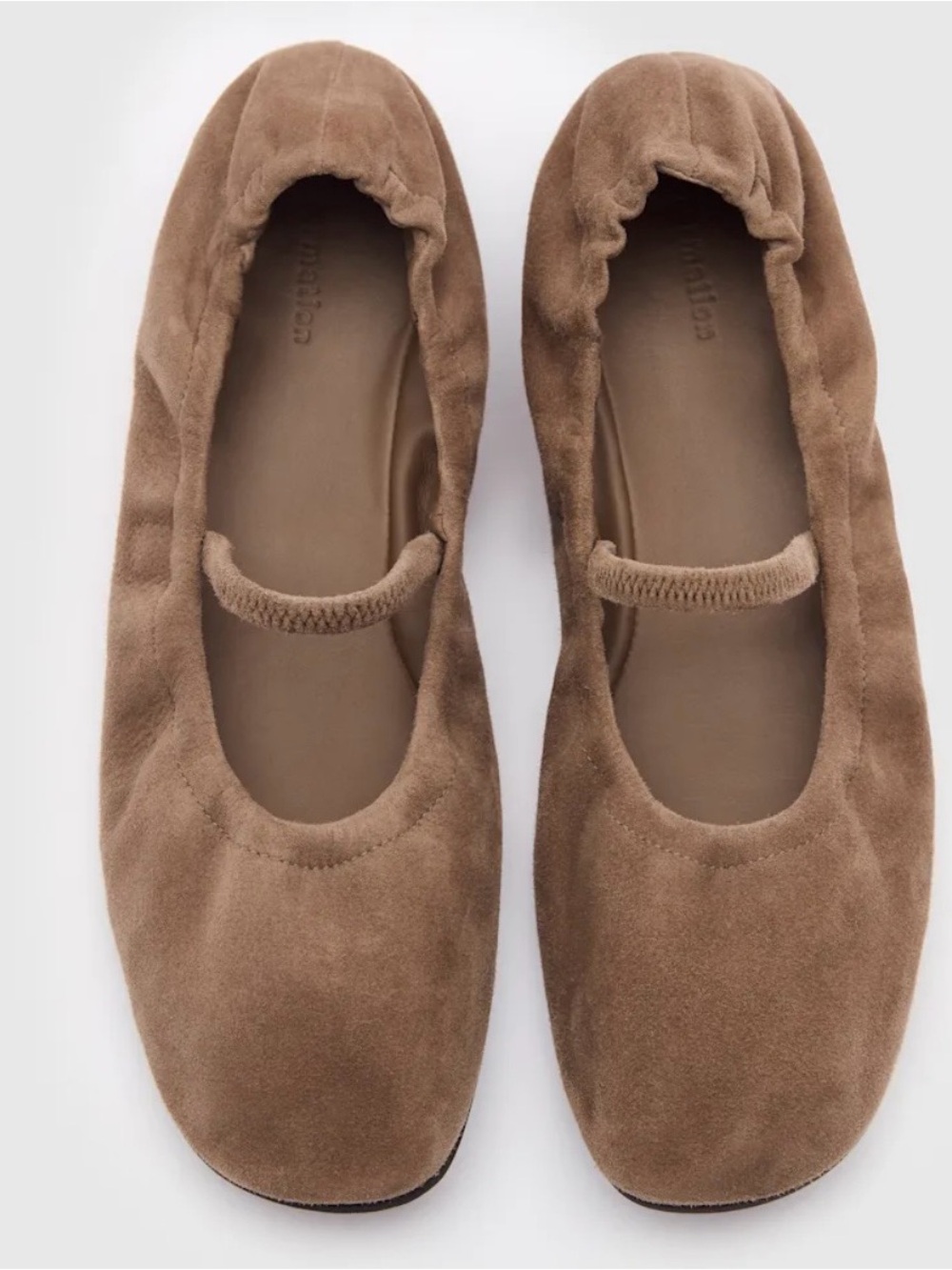 Reformation Buffy Ballet Flats 7.5 Farro Brown Suede Ruched Mary Jane Slip On